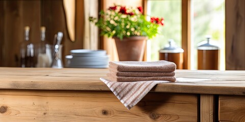 Towel-covered wooden table in rustic kitchen setting