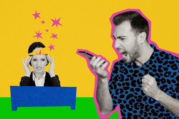 Artwork collage image of outraged black white effect guy yell communicate telephone unsatisfied girl head ache isolated on yellow background