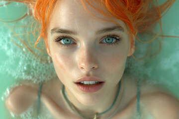 Serene Beauty with Vibrant Orange Hair in Bubbles
