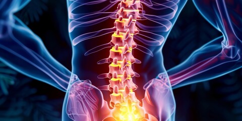 illustration of an X-ray showing a patient's lower back pain with detailed spinal anatomy - obrazy, fototapety, plakaty