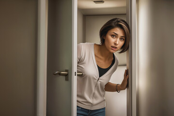 Fototapeta na wymiar Young woman looks out of door to outside of room with surprise
