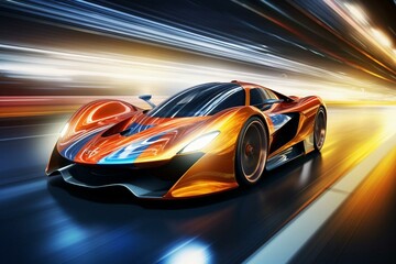 Fast race car speeding on a track with blurred background. Computer-generated image. Generative AI