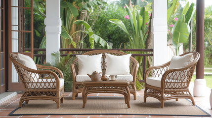 On the terrace is a set of wicker furniture with white cushions for outdoor relaxation