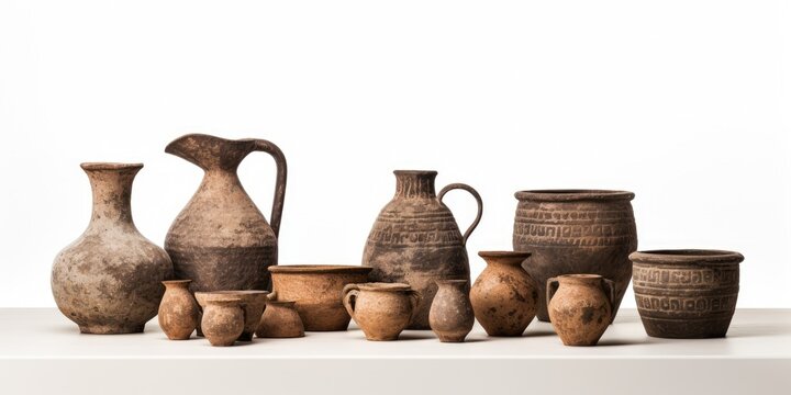 Assortment of ancient Greek and Roman clay pottery objects, including vases and dishes, isolated on white background.