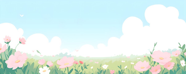 Panoramic kids flat illustration of meadow with wildflowers on a background of mountains, blue sky and clouds. Banner with spring, summer flowers field. Cheerful nature landscape with copy space. 