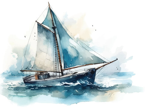Sailing boat, hand painted watercolor illustration, sailing boat on the sea