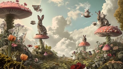 A surreal landscape featuring hares engaged in absurd activities painting the sky pink, juggling teacups, and balancing on giant mushrooms. Rabbits in the forest.