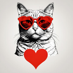 A Scottish cat in heart-shaped glasses and a large red heart.