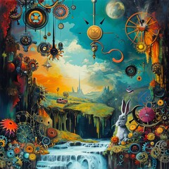 Rabbit in a top hat with gears and cogwheels. A surreal scene featuring floating gears, whimsical contraptions, and a hare wearing a top hat amidst a dreamlike landscape. 