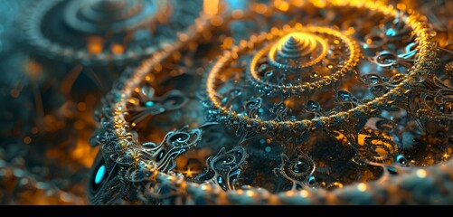 Interlocking gears of pure energy rotating in perfect synchrony, generating a psychedelic machinery.