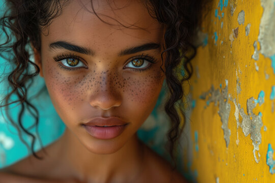 Close-up of a young woman with striking eyes and freckles, a vibrant yellow wall adding contrast to her expressive look.