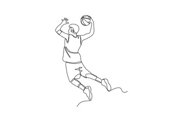 Fototapeta na wymiar One single line drawing of a man with his basketball technique, graphic vector illustration. Sport training concept. Modern continuous line draw design for sport tournament banner and poster