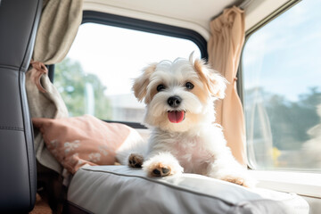 A cute white dog inside a motorhome on a sunny day
