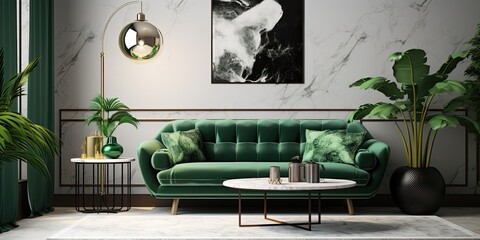 Create a modern living room decor using green velvet furniture, stylish coffee table, marble lamp, pillow, hanging flowerbed, plants, and elegant accessories.