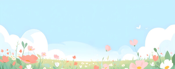 Cheerful nature landscape with copy space. Banner with spring, summer flowers field. Panoramic kids flat illustration of meadow with wildflowers on a background of mountains, blue sky and clouds.