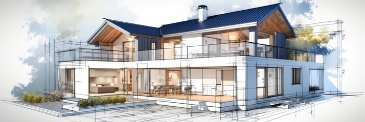 vision of architecture of a 3d model house project with blueprint