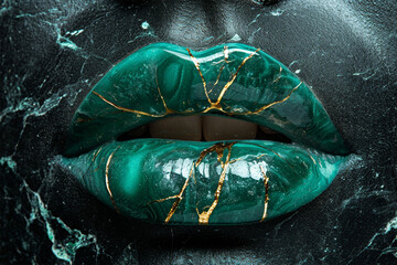 crystal malachite lips with transparent gold kintsugi lines against the background of the model's black marbled skin - obrazy, fototapety, plakaty