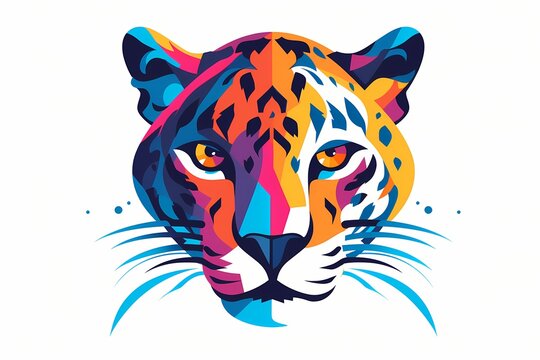 An abstract, colorful panther face logo showcasing minimalistic shapes and vibrant tones. Isolated on white background
