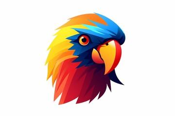 An abstract, colorful parrot face logo featuring minimalistic shapes and vibrant tones. Isolated on white background