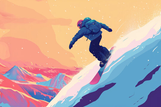 poster for snowboarding apps, in the style of vibrant airy scenes, darkly romantic illustrations, 32k uhd, pale palette, murals and wall drawings, colorful animations