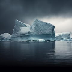 Iceberg in the ocean, ominous sky, freezing weather. Generative AI.