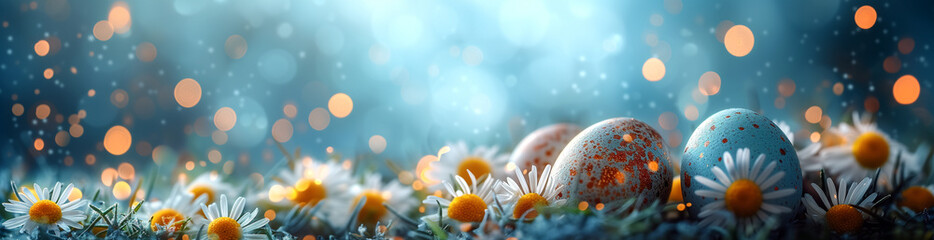 Easter Morning Bliss with Decorative Eggs in a Meadow Banner - obrazy, fototapety, plakaty