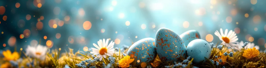 Fotobehang Easter Morning Bliss with Decorative Eggs in a Meadow Banner © Melipo-Art