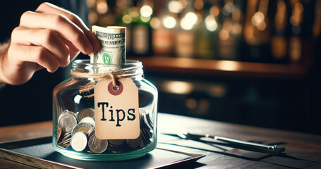 Hand Placing Money into Glass Tip Jar at Restaurant - obrazy, fototapety, plakaty