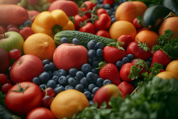 Naklejka na ściany i meble Various types of fruits and vegetables Fresh and colorful Spread across the entire picture Contains important nutrients for the body Suitable for use in making presentations about healthy food.