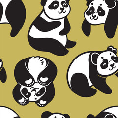 Black and white cute cartoon pandas on gold. Seamless pattern in vector