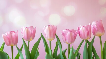 A Row of Delicate Pink Tulips with Soft Petals and Vibrant Green