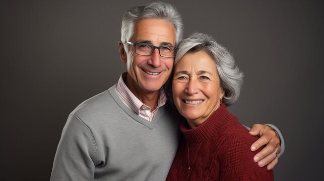 An older, middle-aged couple is happy, having fun and laughing indoor