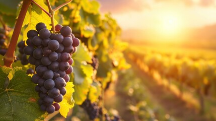 Fototapeta premium Grape vineyards in winery at sunset background