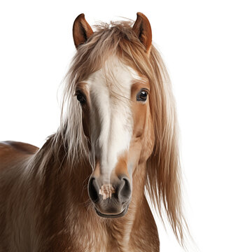 horse looking at the camera close up on a white isolated background.