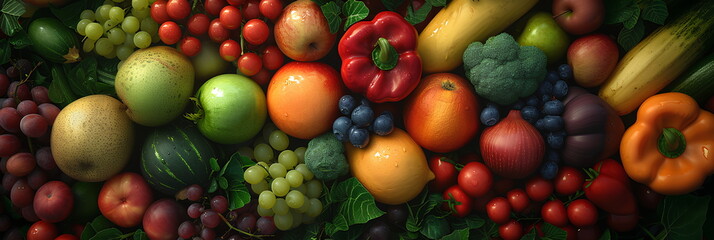 Various types of fruits and vegetables Fresh and colorful Spread across the entire picture Contains important nutrients for the body Suitable for use in making presentations about healthy food. - obrazy, fototapety, plakaty