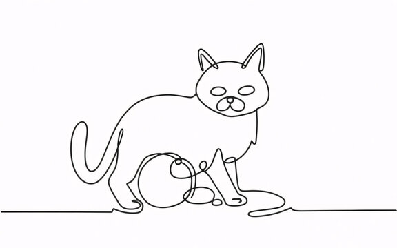 One continuous line drawing of a playful cat with a ball of yarn. Simple linear style depicting a cute and mischievous feline.