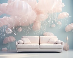 Fototapeta na wymiar Modern underwater living room in the minimalistic style. With a sofa and jellyfish swimming around. Delicate underwater world. Pastel colors.