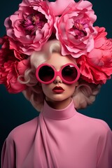 Portrait of a woman wearing sunglasses. With red and pink peony flowers on her head. Vivid colors. Spring blooming concept.