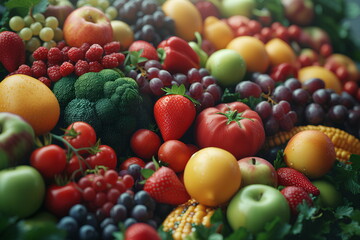 Naklejka na ściany i meble Various types of fruits and vegetables Fresh and colorful Spread across the entire picture Contains important nutrients for the body Suitable for use in making presentations about healthy food.