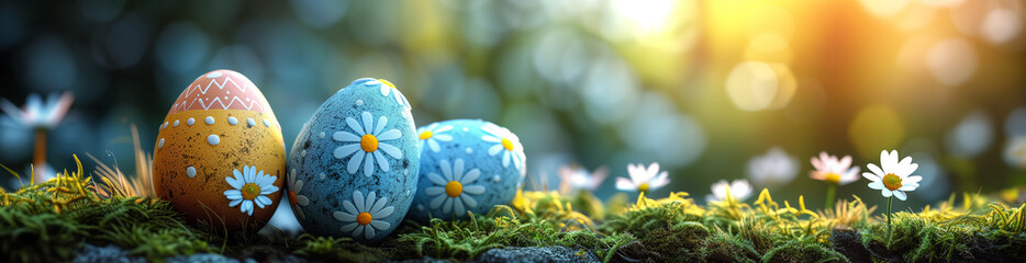 Easter Dawn with Decorated Eggs in a Meadow Banner