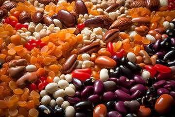 Close-up view of mixed legumes and nuts, including beans and almonds, highlighting the detail and richness of healthy food options.