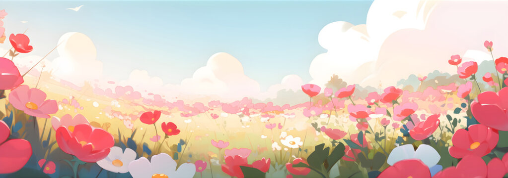 Spring meadow with red poppy flowers. Children's book flat illustration with a blooming flowers field. Panoramic flat banner with summer nature landscape with copy space. Concept design for kids room.