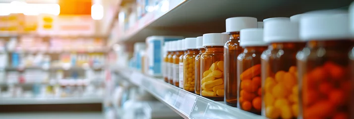 Deurstickers A drug store with medicine bottles lined up beautifully on the shelves. on a blurred background Concept of selling medicines, medical supplies, dietary supplements, medical equipment Close-up photo © john