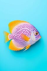 Minimal flat lay composition of a tropical fish on a blue background. Summer concept.