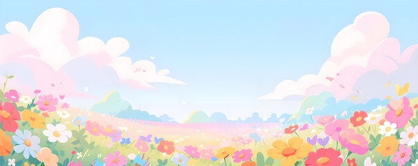 Children's book flat lay illustration with a blooming flowers field. Spring meadow with wildflowers. Panoramic flat banner with summer nature landscape with copy space. Concept design for kids room