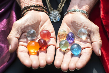 Senior hands presenting a collection of colorful gemstones, reflecting personal style and interests.