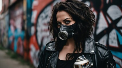 person in gas mask  A sad woman wearing a breathing mask and a leather jacket, standing in front of a graffiti wall. in dystopian future  - obrazy, fototapety, plakaty