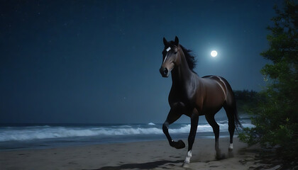 Running Horse - Beyond Real Beauty: Nighttime Horse Symphony Amidst Moonlit Foliage