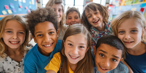 Class selfie in an elementary school. Kids taking a picture together in a co-ed school