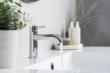 Water flowing from open faucet in the bathroom interior, close up